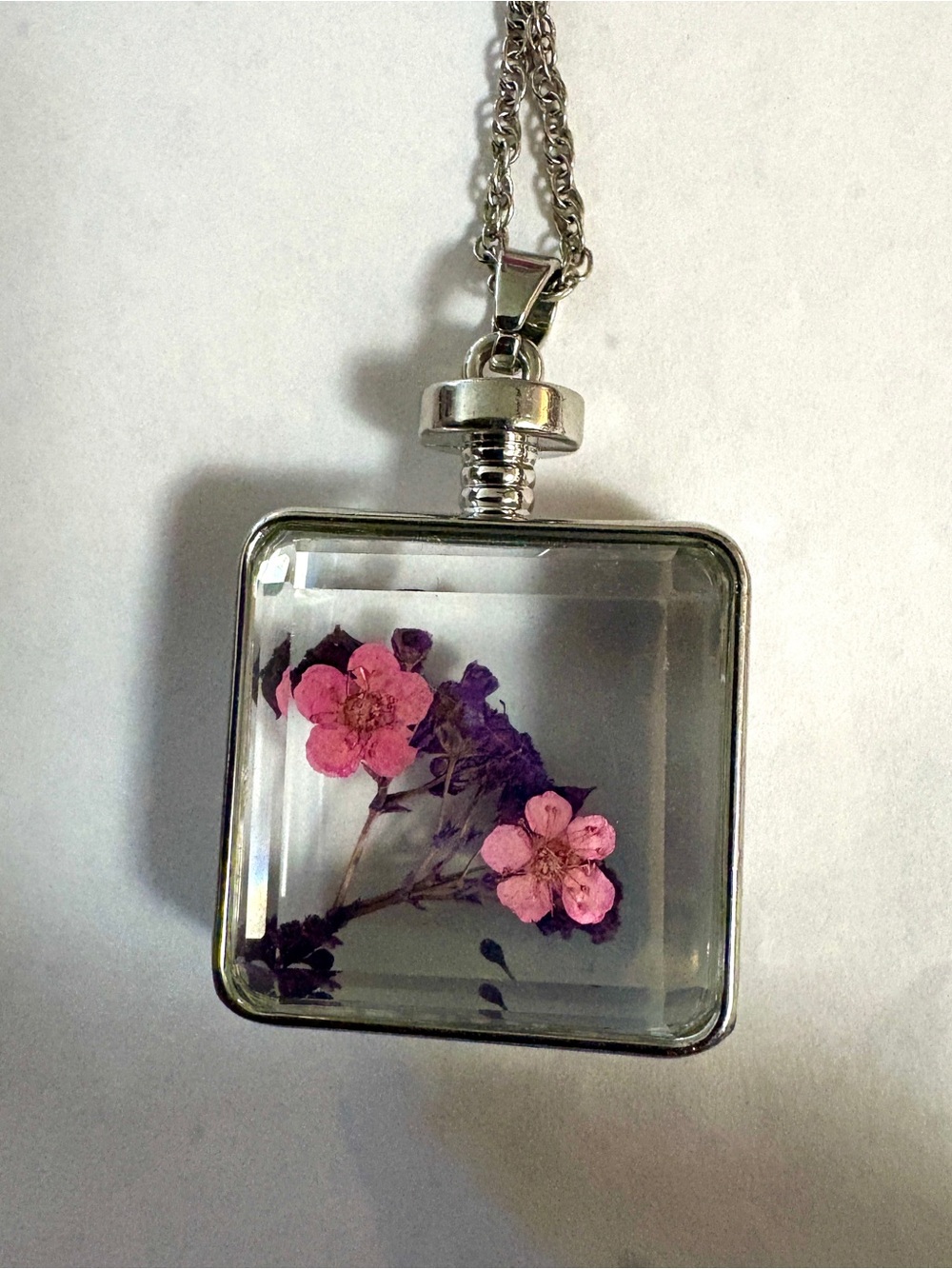 Silver Resin Pendant Necklace with Pressed Flowers, 32” chain